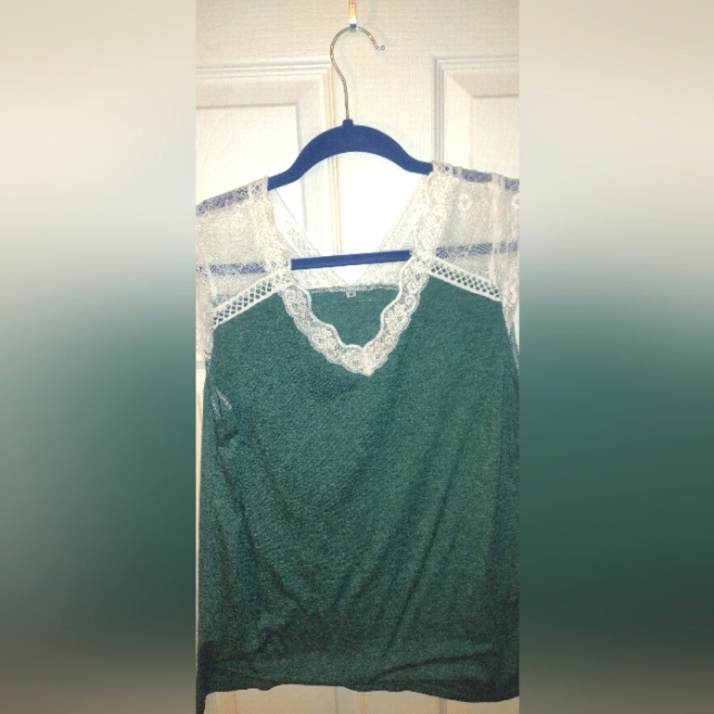 Green tee with lace short sleeve detail